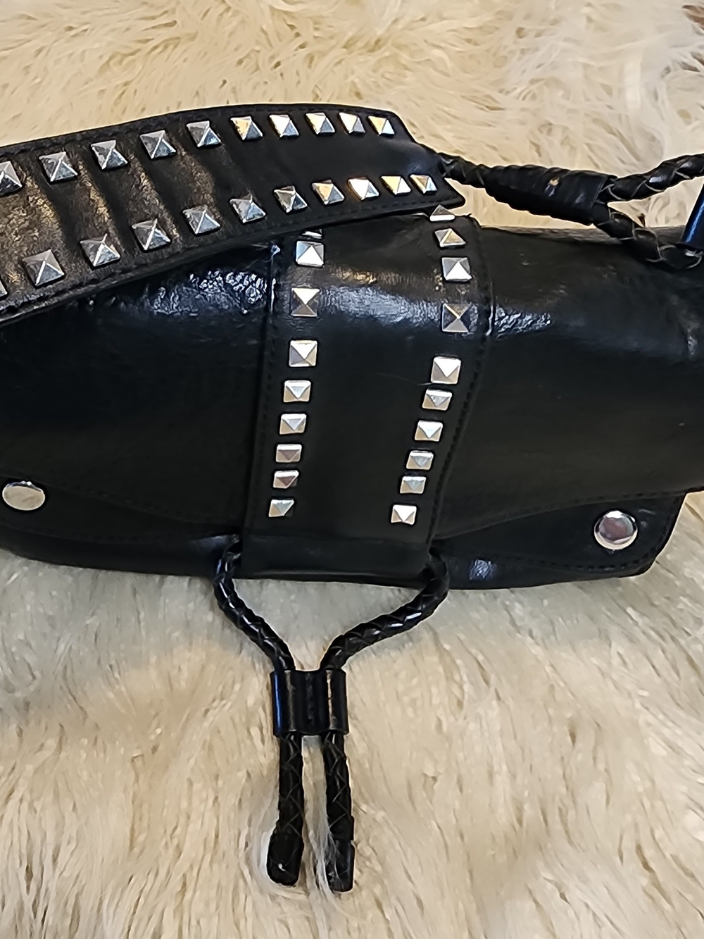 Donald J Pliner Black Studded Shoulder Leather Hobo Handbag - Picture 4 of 9